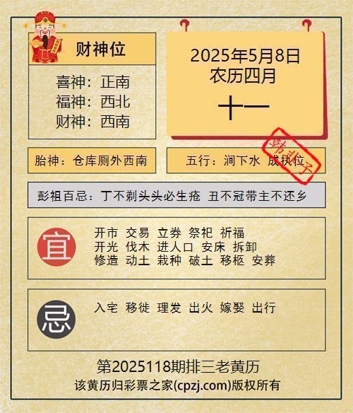 排列三第2025118期老黄历图谜：仓库厕外西南