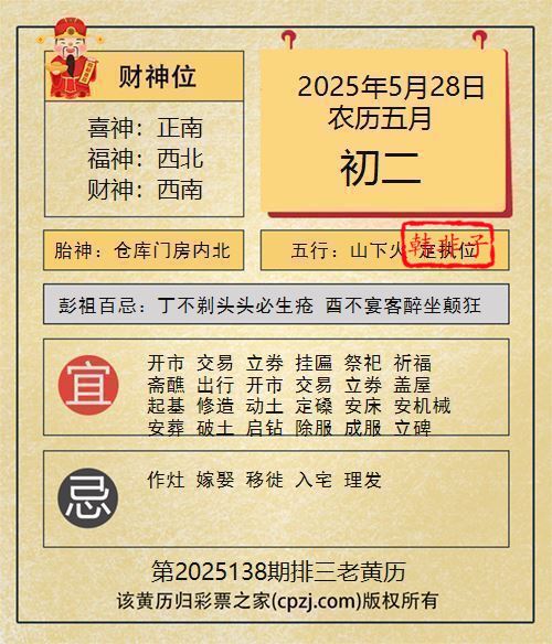 排列三第2025138期老黄历图谜:仓库门房内北 排列三第2025138期老黄历图谜:仓库门房内北