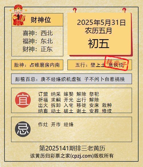 排列三第2025141期老黄历图谜：占碓磨房内南