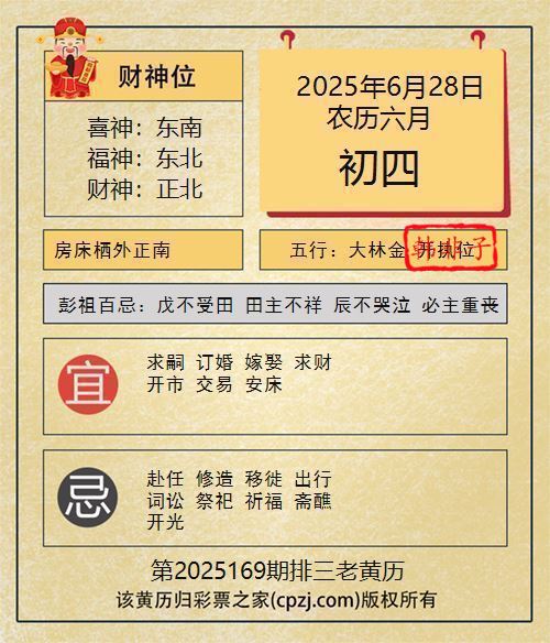 排列三第2025169期老黄历图谜：房床栖外正南