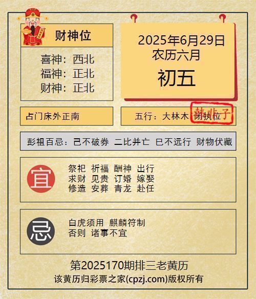 排列三第2025170期老黄历图谜：占门床外正南