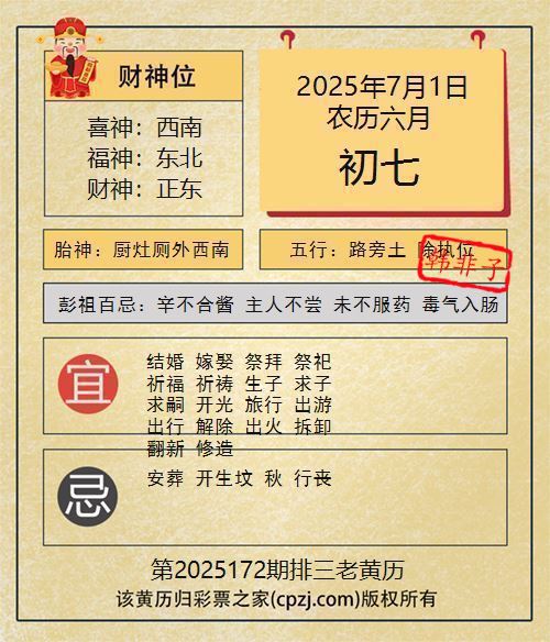 排列三第2025172期老黄历图谜：厨灶厕外西南