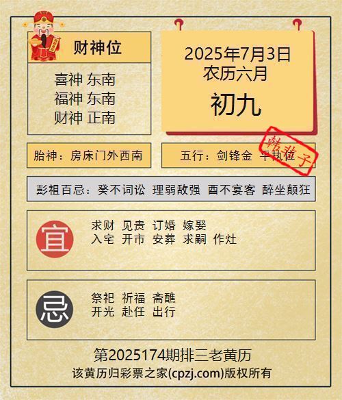 排列三第2025174期老黄历图谜：房床门外西南