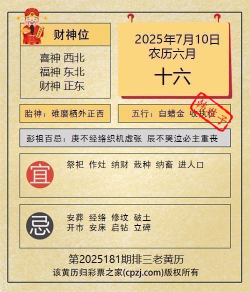 排列三第2025181期老黄历图谜：碓磨栖外正西