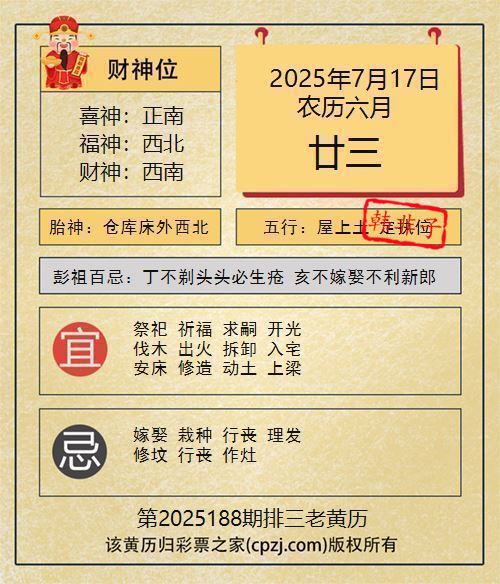排列三第2025188期老黄历图谜：仓库床外西北