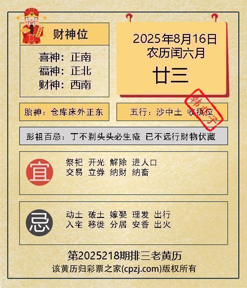 排列三第2025218期老黄历图谜：仓库床外正东