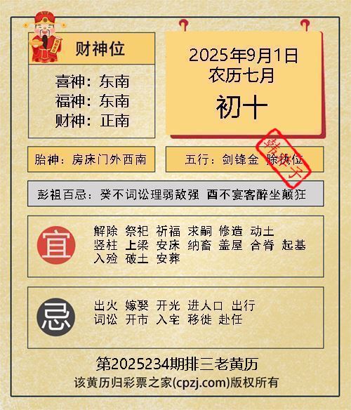 排列三第2025234期老黄历图谜:房床门外西南 排列三第2025234期老黄历图谜:房床门外西南