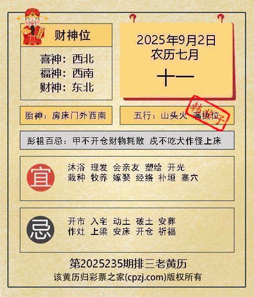 排列三第2025235期老黄历图谜：房床门外西南