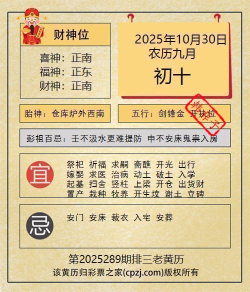 排列三第2025289期老黄历图谜：仓库炉外西南