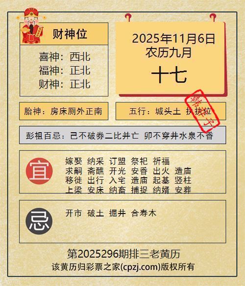 排列三第2025296期老黄历图谜:房床厕外正南 排列三第2025296期老黄历图谜:房床厕外正南