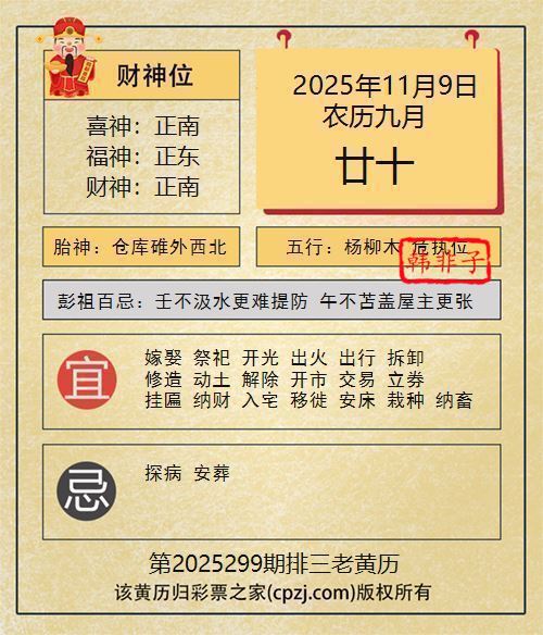 排列三第2025299期老黄历图谜:仓库碓外西北