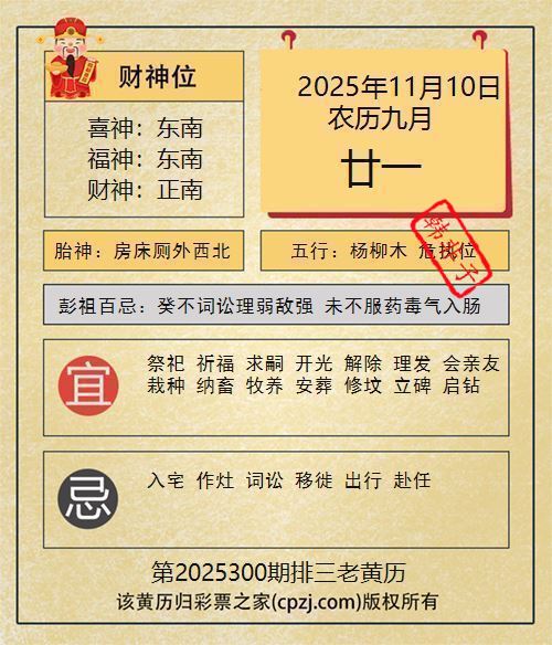 排列三第2025300期老黄历图谜:房床厕外西北