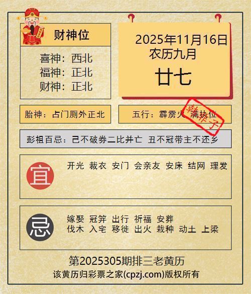 排列三第2025306期老黄历图谜:占门厕外正北