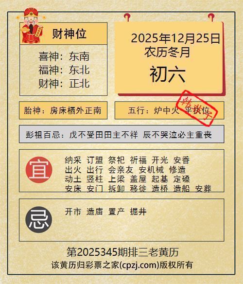 排列三第2025345期老黄历图谜：房床栖外正南