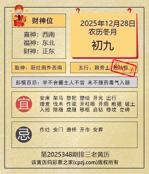 排列三第2025348期老黄历图谜:厨灶厕外西南 排列三第2025348期老黄历图谜:厨灶厕外西南