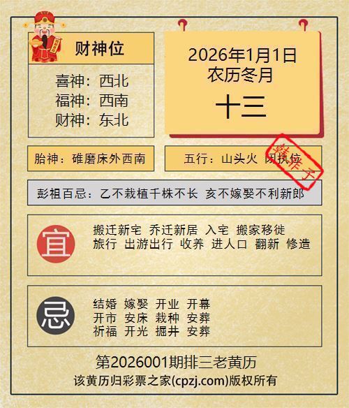 排列三第2026001期老黄历图谜:碓磨床外西南 排列三第2026001期老黄历图谜:碓磨床外西南