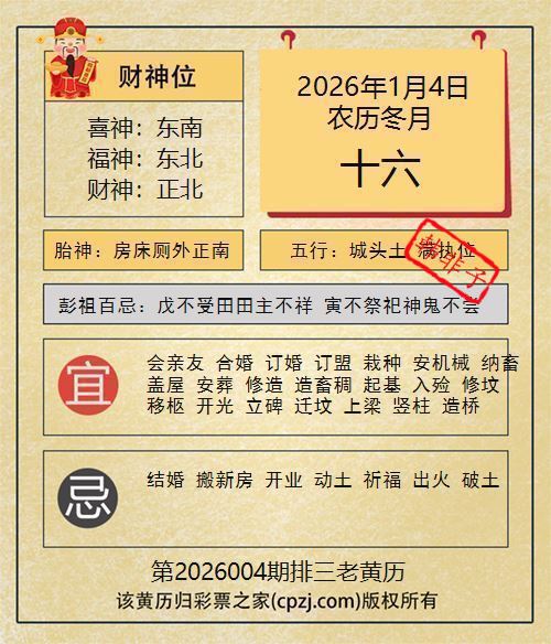 排列三第2026004期老黄历图谜:房床厕外正南