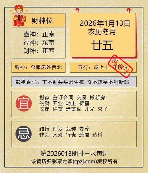 排列三第2026013期老黄历图谜：仓库床外西北