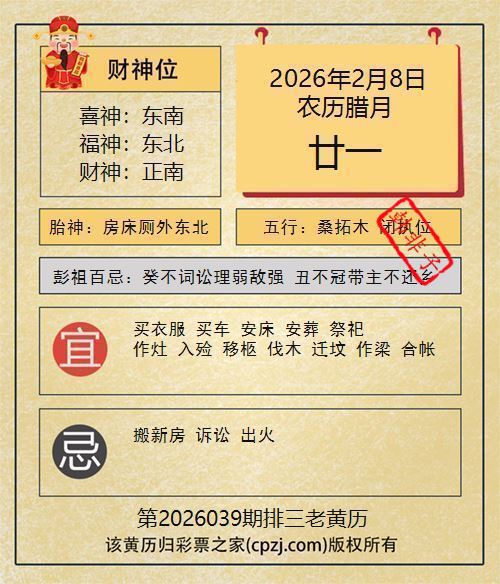 排列三第2026039期老黄历图谜：房床厕外东北