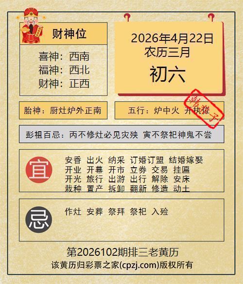 排列三第2026102期老黄历图谜：厨灶炉外正南
