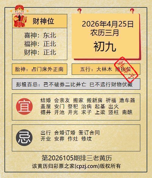 排列三第2026105期老黄历图谜：占门床外正南