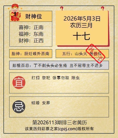 排列三第2026113期老黄历图谜：厨灶碓外西南