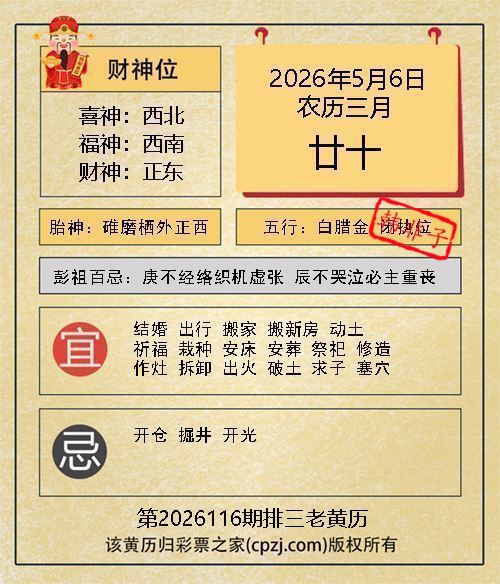 排列三第2026116期老黄历图谜：碓磨栖外正西