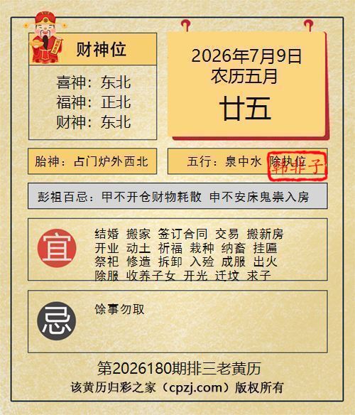 排列三第2026180期老黄历图谜：占门炉外西北