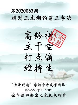 排列三第2020063期太湖钓翁图谜：高龄树，主干空，打点滴，维持生