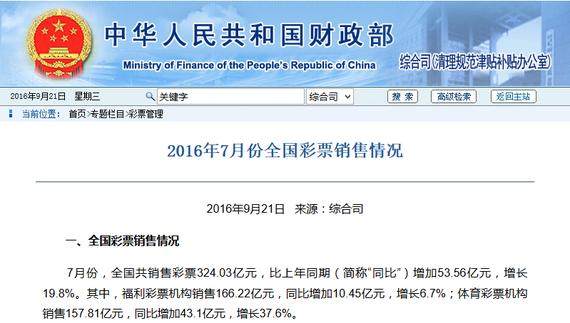 财政部：2016年7月彩票销324.03亿元 同比增长19.8%