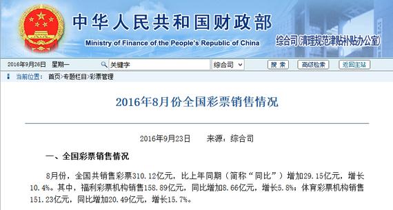 财政部：2016年8月彩票销量310.12亿元 同比增长10.4%