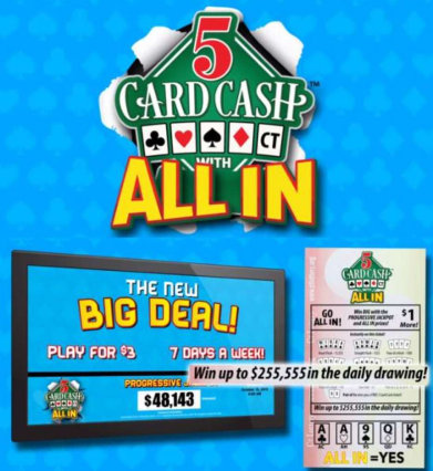 　5 Card Cash是一种电子即开型的彩票游戏