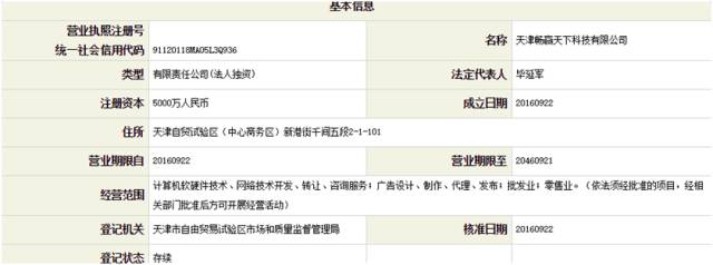 天津畅赢天下科技有限公司注册时间为2016年9月22日