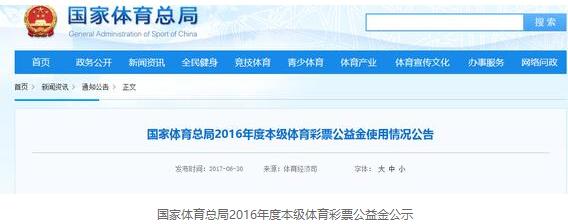 国家体育总局2016年度本级体育彩票公益金公示