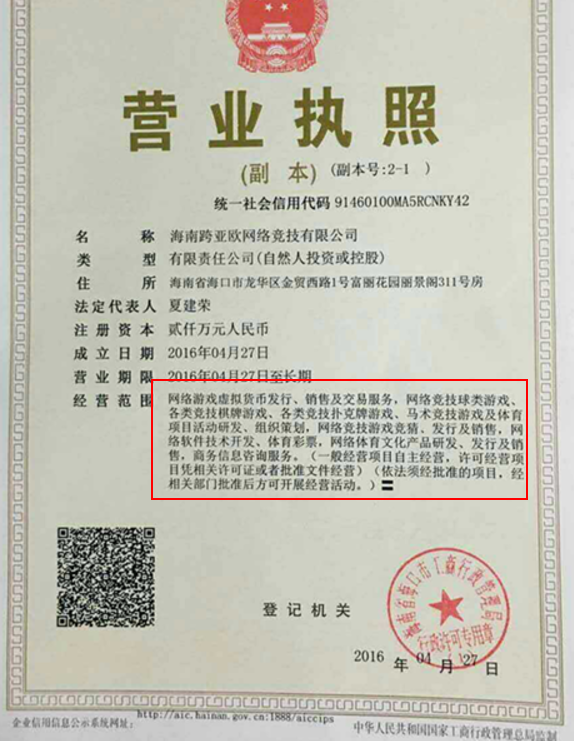 海南日生成网络竞技有限公司营业执照