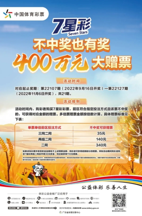金秋送爽 体彩7星彩不中奖也有奖400万元大赠票火热开启