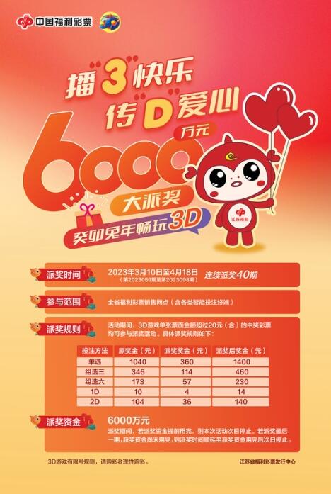 江苏福彩关于开展3d游戏6000万元派奖活动的公告