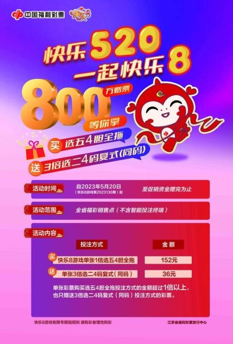 “快乐520，一起快乐8” 江苏福彩800万元赠票来袭！