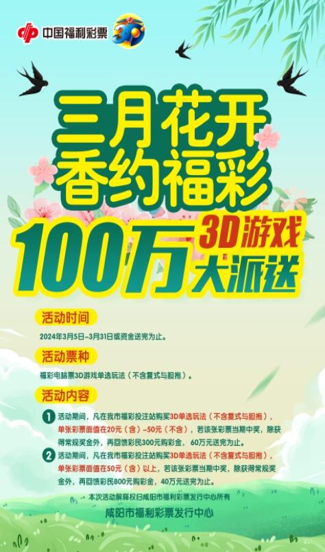 陕西咸阳福彩3d游戏100万大派送全面开启