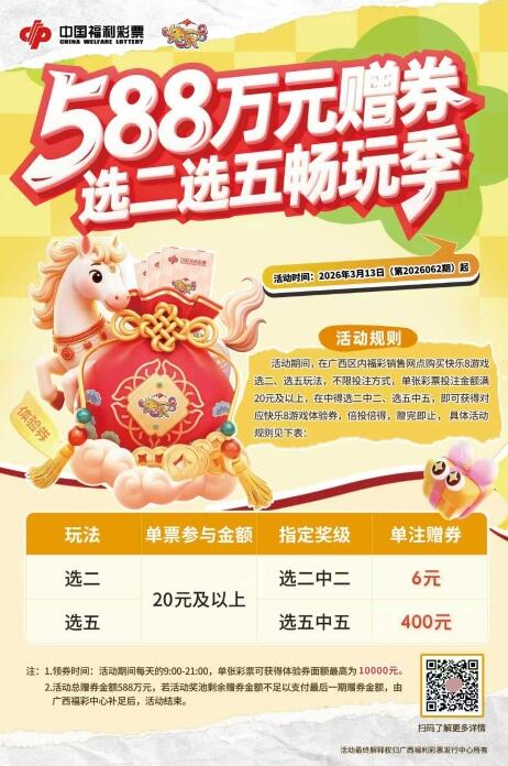 广西福彩开展“快乐8选二选五畅玩季”588万赠券活动